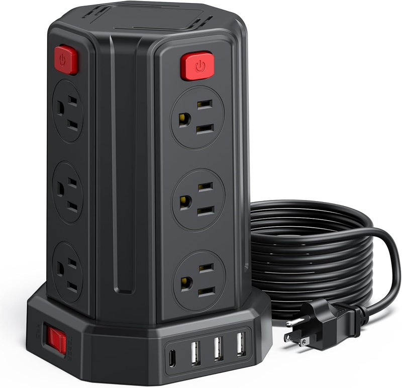 SMALLRT Power Strip Surge Protector, 10 Ft Extension Cord with 12 AC Multiple Outlets 4 USB (1 USB C), Power Tower Desktop Charging Station (Black, 10 FT) - Image 1